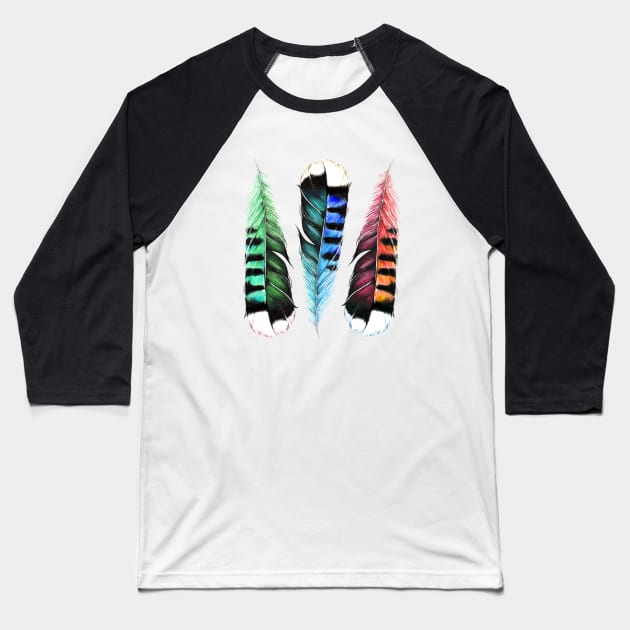 Trio of coloured feathers Baseball T-Shirt by jessiefaye